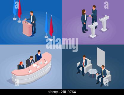 Conference hall concept icons set with meeting room and stage symbols isometric isolated vector illustration Stock Vector