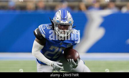 Detroit Lions running back Jahmyr Gibbs (26) warms up before the first half  of a preseason NFL football game between the Detroit Lions and the  Jacksonville Jaguars, Saturday, Aug. 19, 2023, in