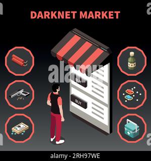Black market isometric concept with darknet market and man buying illegal items vector illustration Stock Vector