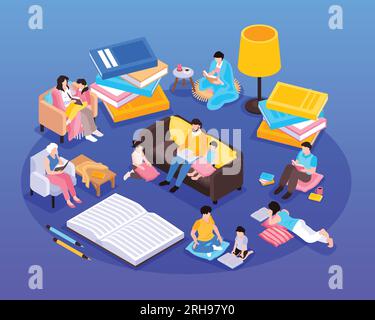 Isometric reading book composition with isolated circle view of book stacks lamps and faceless human characters vector illustration Stock Vector