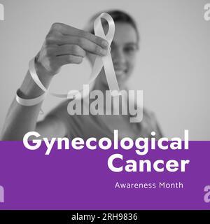 Composite of gynecological cancer awareness month over caucasian female doctor with ribbon Stock Photo