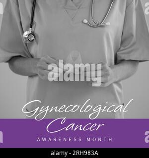 Composite of gynecological cancer awareness month over caucasian female doctor with ribbon Stock Photo