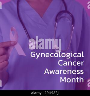 Composite of gynecological cancer awareness month over caucasian female doctor with ribbon Stock Photo