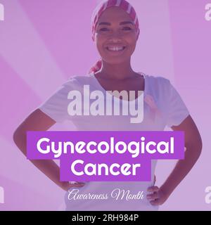 Composite of gynecological cancer awareness month over smiling biracial woman wearing headscarf Stock Photo