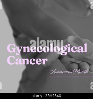 Composite of gynecological cancer awareness month over biracial woman holding ribbon Stock Photo