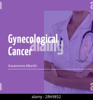 Composite of gynecological cancer awareness month over caucasian female doctor with ribbon Stock Photo