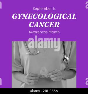 Composite of gynecological cancer awareness month over caucasian female doctor with ribbon Stock Photo