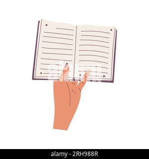 First-Person Perspective. A hand holding an open paper book. The process of reading, studying. Flat cartoon vector illustration isolated on a white ba Stock Vector