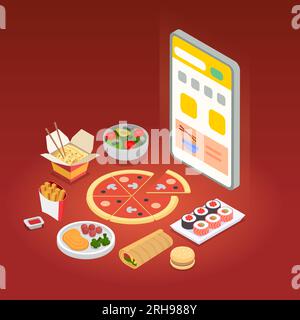 Cloud kitchen concept with food variety symbols isometric vector illustration Stock Vector