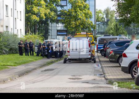 15 August 2023, North Rhine-Westphalia, Duisburg: Police officers and employees from the public order office stand by an emergency vehicle while a van is seized. Police arrested two people during a major check against welfare fraud in Duisburg. Both are believed to be in Germany illegally, a police spokesman said Tuesday. Whether the officials have come on the trail of cases of social benefit fraud, the city of Duisburg wants to balance in the afternoon. Numerous authorities such as the social welfare office, the immigration office and the Federal Employment Agency had checked the residents of Stock Photo