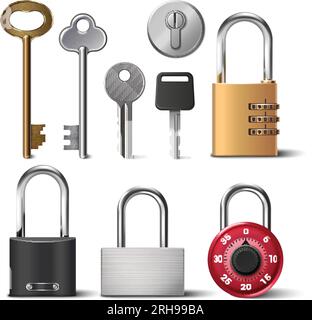 Realistic vintage silver keys icon set seven isolated keys in different ...