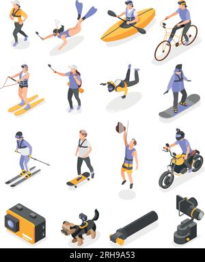 People using action camera while doing various sport activities isometric set isolated vector illustration Stock Vector