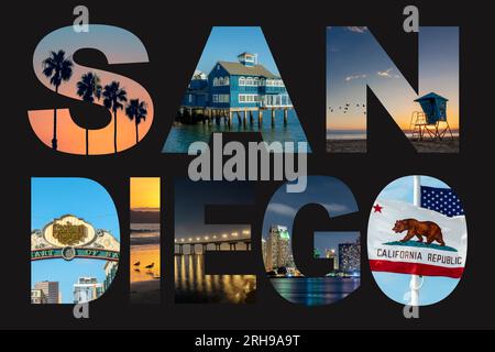 Letters SAN DIEGO, iconic landmarks photo collage isolated on black background Stock Photo