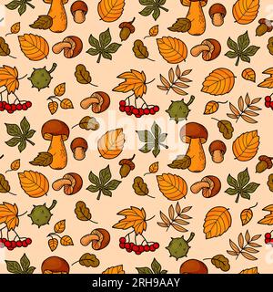 Seamless autumn pattern. Forest mushrooms, berries bunches rowan, acorns and chestnuts with colorful falling leaves on light background. Vector illust Stock Vector