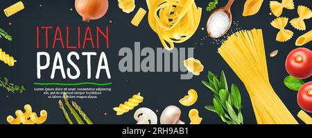 Italian pasta horizontal poster with realistic ingredients on dark background vector illustration Stock Vector