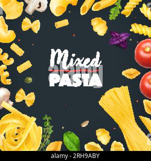 Realistic frame with various types of dry italian pasta herbs and vegetables on black background vector illustration Stock Vector