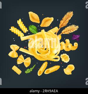 Wheat italian pasta composition with farfalle tagliatelle gnocchi rigatoni fusulli and herbs on black background realistic vector illustration Stock Vector