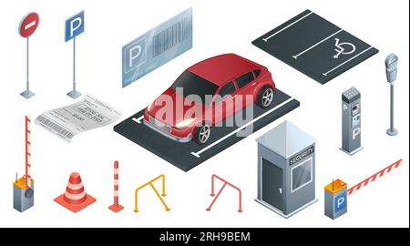 Parking realistic set with car in parking lot tickets and elements of automatic parking assistant technology isolated vector illustration Stock Vector