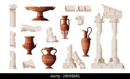 Ancient ruins vases set of isolated icons with greek jars amphoras and pieces of broken columns vector illustration Stock Vector