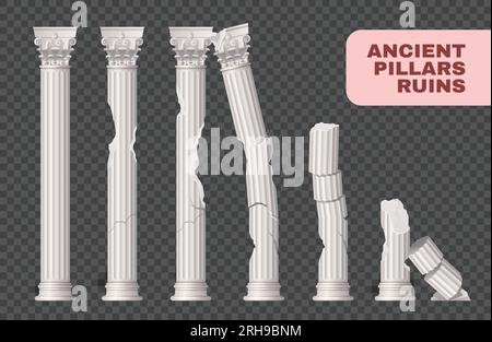 Pillars ruins ancient damaged set of isolated images with solid cracked ancient columns on transparent background vector illustration Stock Vector
