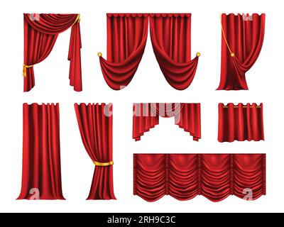 Realistic curtains draperies set with blank background and isolated images of red curtains with golden ribbons vector illustration Stock Vector