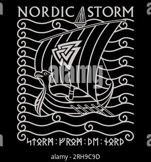 Scandinavian Viking design. Viking ship Drakkar sails on the waves of the stormy sea Stock Vector