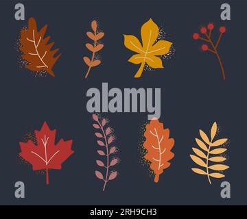 Colorful autumn leaves illustration set with a texture on a dark background. Vector Stock Vector