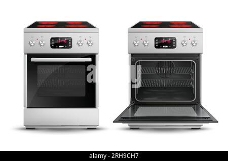 Realistic gas stove set with two isolated images of open and closed hood with electric cooktop vector illustration Stock Vector