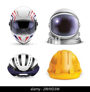 Realistic helmet set with four isolated images of construction hard hat bicycle motorbike and spacesuit helmets vector illustration Stock Vector