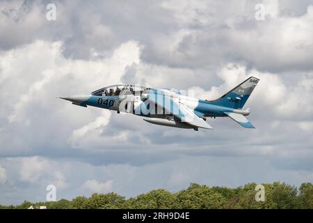 Dornier Alpha Jet 040 from Canadian Air Combat Training company Top Aces departs RAF Fairford in Southern England after participating in the RIAT Stock Photo