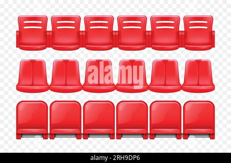 Realistic stadium tribune composition with isolated front and back views of rows with red plastic seats vector illustration Stock Vector