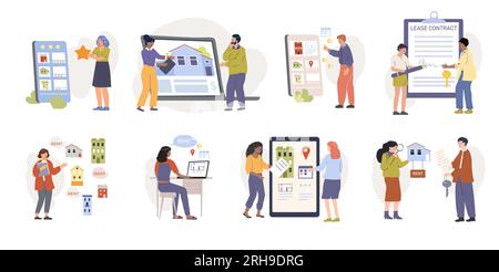 People looking for apartment for rent and signing lease contract flat set isolated vector illustration Stock Vector