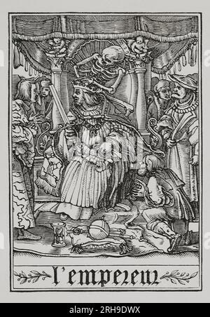 The Emperor visited by Death. Facsimile of an engraving, belonging to the series 'The Dance of Death' by Hans Holbein the Younger, in 'Les Simulachres et Histoires facées de la Mort', 1538. 'Vie Militaire et Religieuse au Moyen Age et à l'Epoque de la Renaissance'. Paris, 1877. Stock Photo