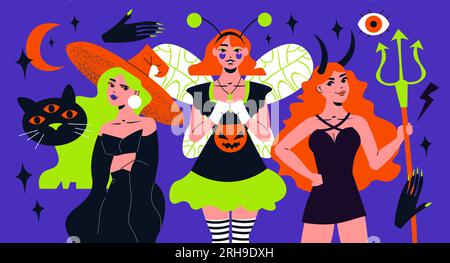 Girls wearing halloween costumes of devil fairy and witch flat composition with scary elements on blue background vector illustration Stock Vector