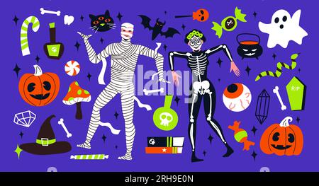 Halloween big set of flat icons with skeleton mummy jack o lanterns ghosts sweets bat witch hat isolated on blue background vector illustration Stock Vector
