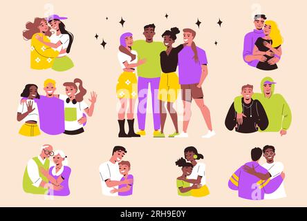 Hugging people flat set with young and elderly couples friends parents with children isolated on color background vector illustration Stock Vector