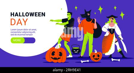 Halloween day horizontal banner template with people wearing costumes of pirate zombie and werewolf flat vector illustration Stock Vector