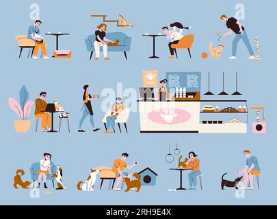 Pets cafe interior flat set on color background with happy people playing and stroking cats and dogs isolated vector illustration Stock Vector