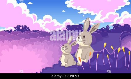 Kawaii rabbits cute chill lo fi wallpaper Stock Vector