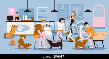 People play and eat together with dogs at pets cafe flat vector illustration Stock Vector