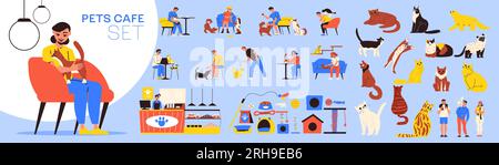 Pets cafe big set of flat interior elements cats and people sitting at tables with animals isolated vector illustration Stock Vector