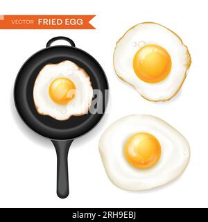 Realistic set of top view fried chicken eggs on frying pan and white background isolated vector illustration Stock Vector