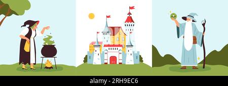 Kingdom set of three square compositions with outdoor landscapes characters of witch wizard and castle buildings vector illustration Stock Vector