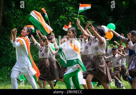 Guwahati, Assam, India. 15th Aug, 2023. Students of Govt. Deaf And Dumb School participates in the celebration of Indian Independence Day, in Guwahati, Assam, India on 15 August 2023. Since 1947, Independence Day has been celebrated in India on 15 August. Credit: David Talukdar/Alamy Live News Credit: David Talukdar/Alamy Live News Stock Photo