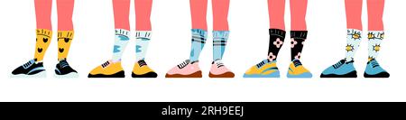 Human legs wearing trendy sneakers and colorful socks flat isolated vector illustration Stock Vector
