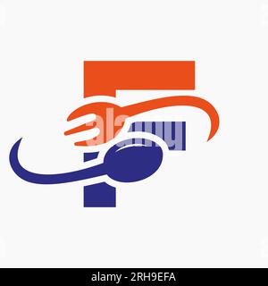 Letter F Restaurant Logo Combined with Fork and Spoon Icon Stock Vector