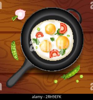Three fried chicken eggs with fresh vegetables on frying pan and wooden table background top view realistic vector illustration Stock Vector
