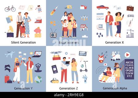 Generations set of six square compositions with isolated icons and doodle human characters representing certain generation vector illustration Stock Vector