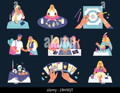 Fortune telling color set of isolated compositions with doodle characters of fortune tellers cards and accessories vector illustration Stock Vector