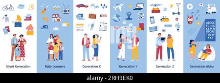 Generations color set with doodle human characters text captions and isolated icons representing symbols of generation vector illustration Stock Vector